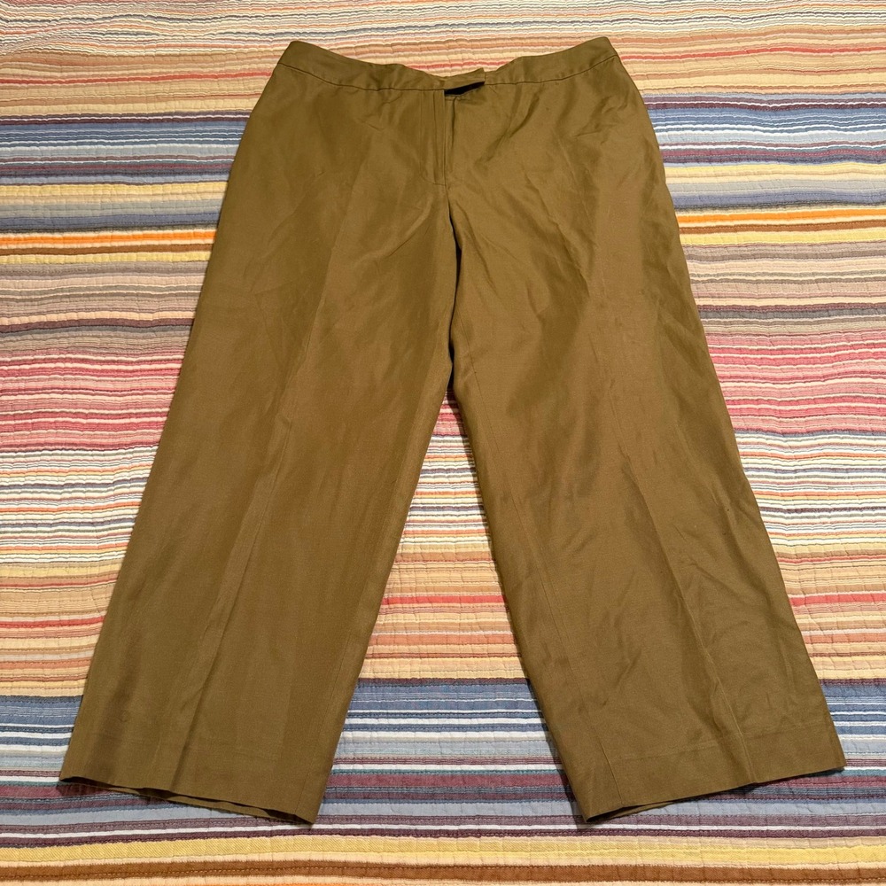 Peck & Peck Collection Silk Cotton Wide Leg Trousers Olive Brown Size 12